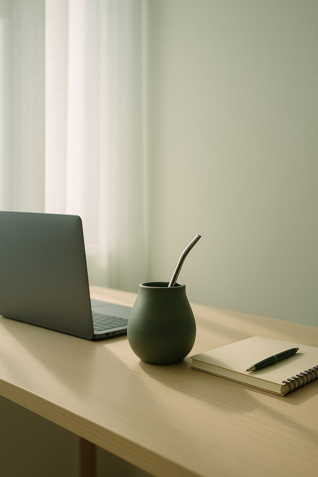 Calebasse posée sur une table avec un calepin, stylo et ordinateur