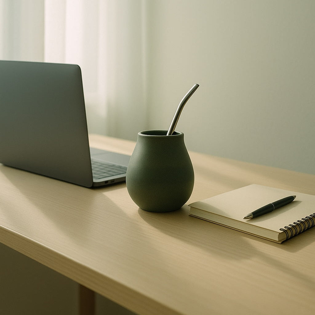Calebasse posée sur une table avec un calepin, stylo et ordinateur