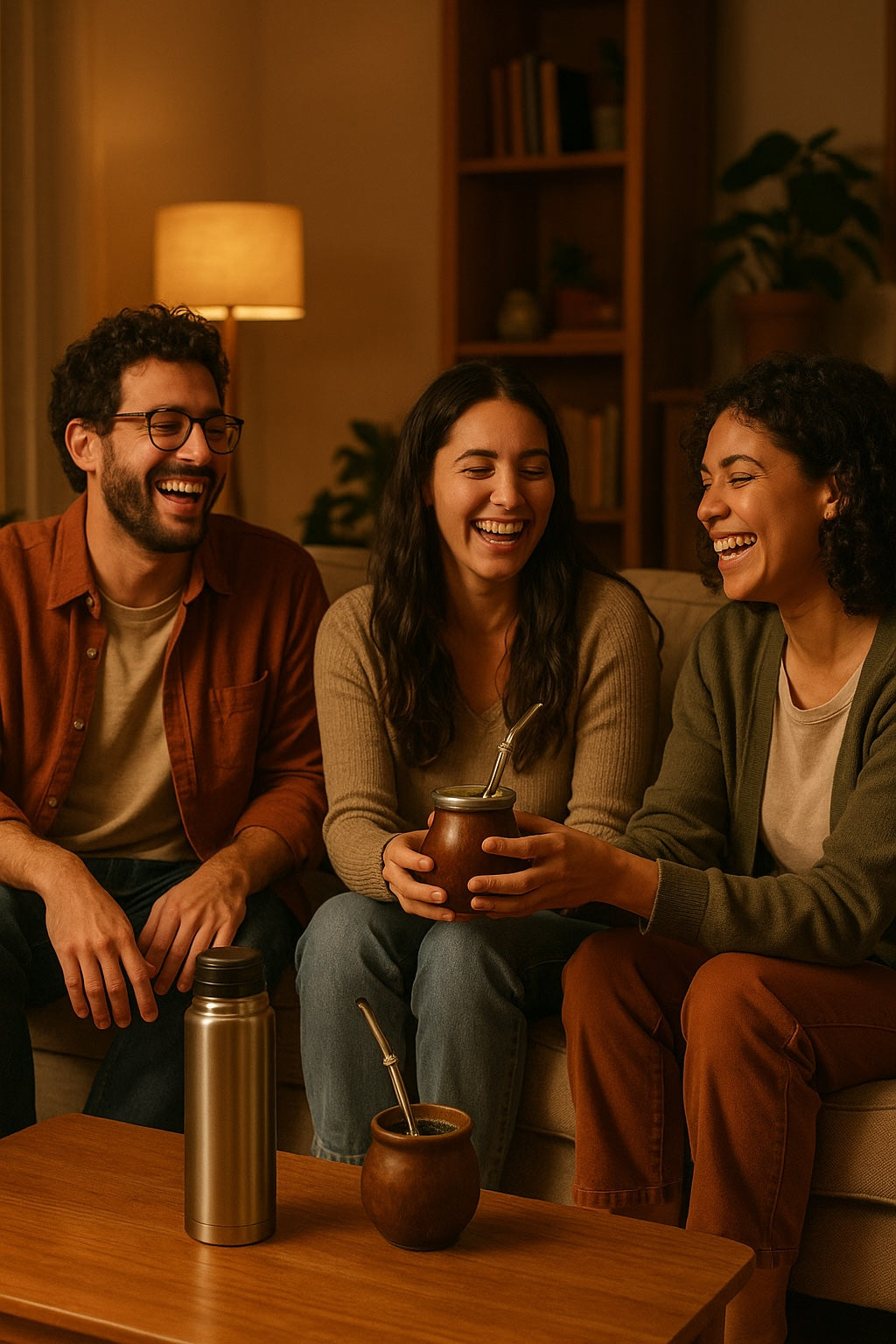 Amis assis sur un canapé tenant une calebasse