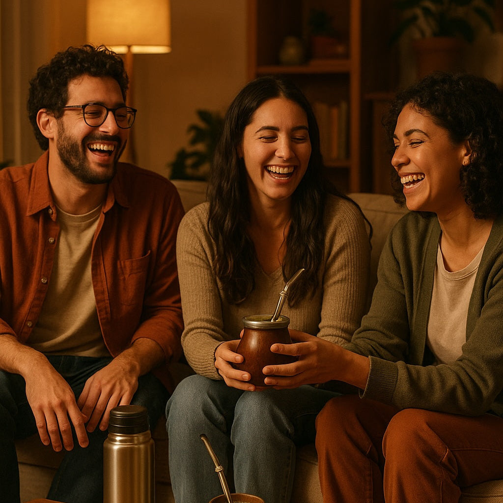 Amis assis sur un canapé tenant une calebasse