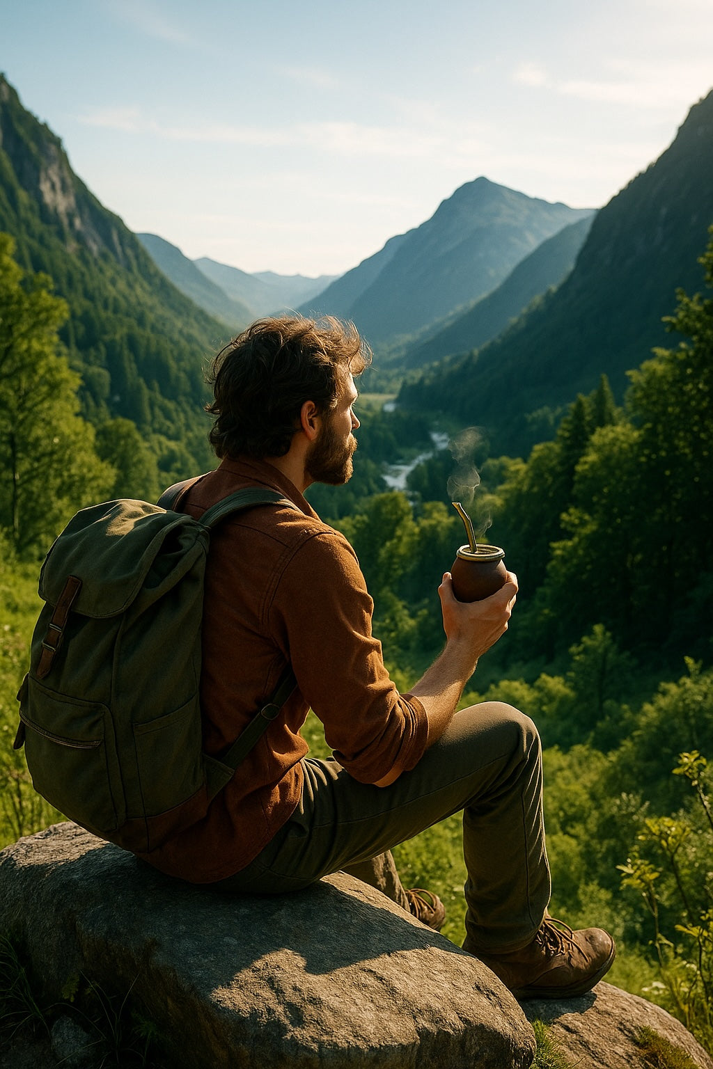 Homme barbu buvant un maté en regardant un paysage 