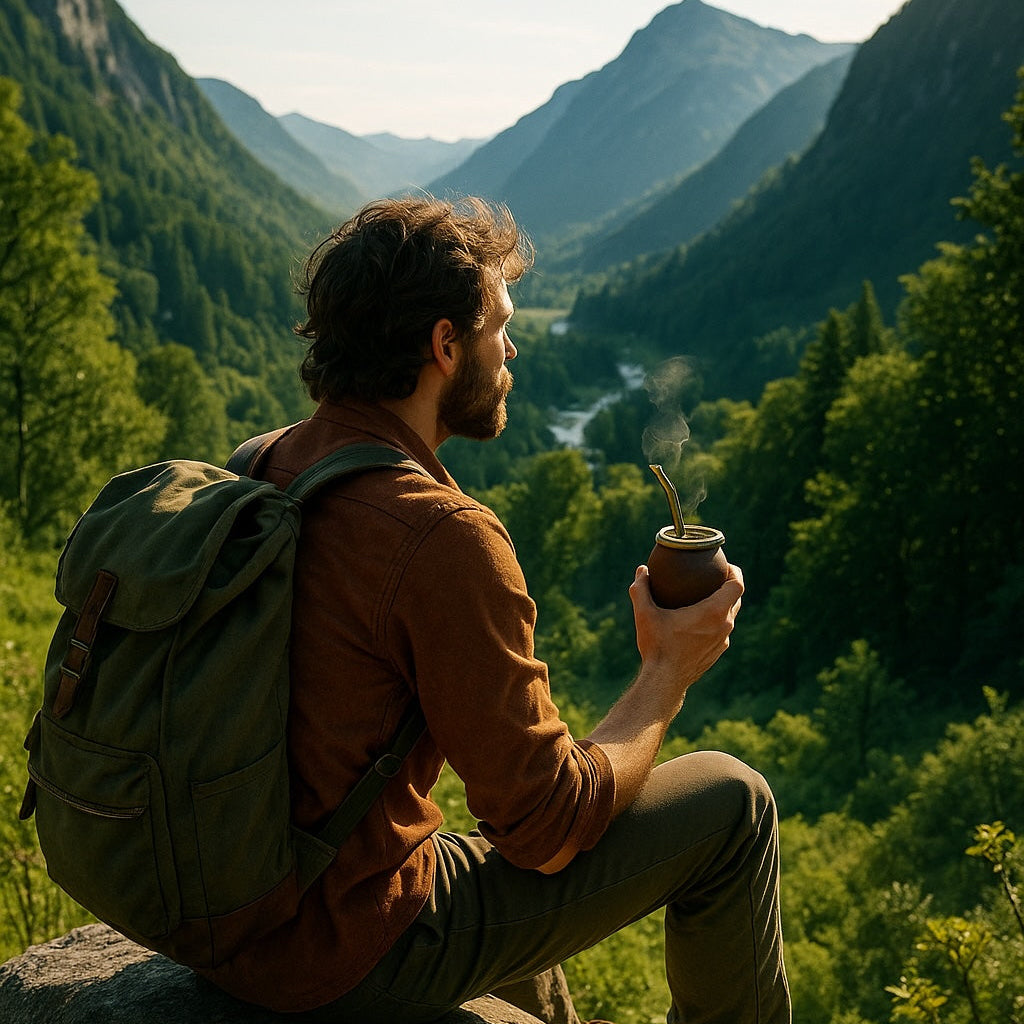 Homme barbu buvant un maté en regardant un paysage 
