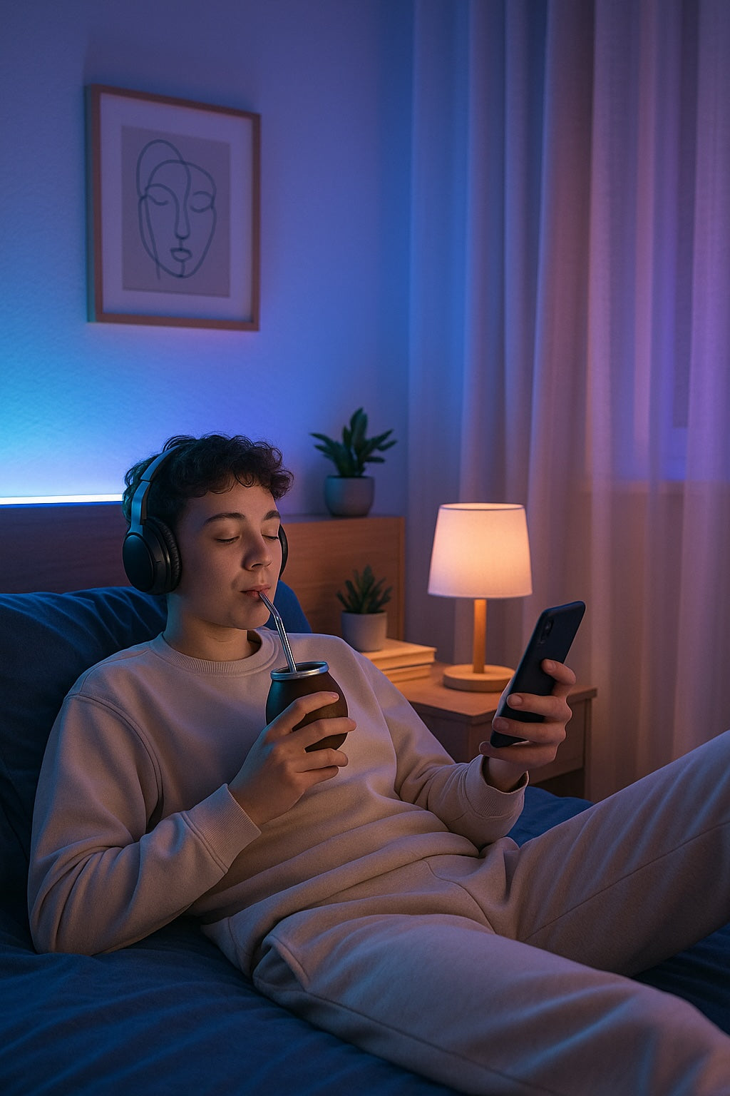 Jeune homme assis sur un canapé, regardant son téléphone, sirotant un maté