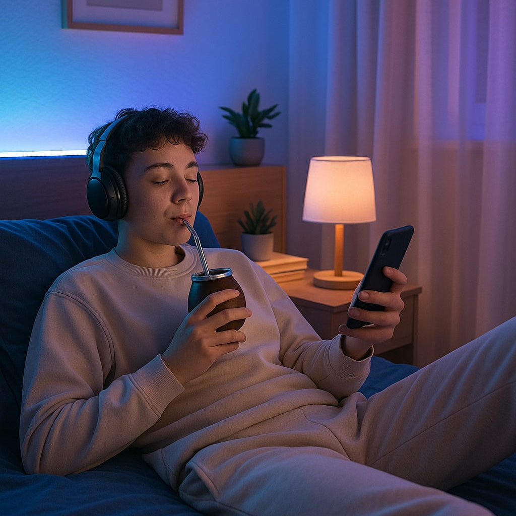 Jeune homme assis sur un canapé, regardant son téléphone, sirotant un maté