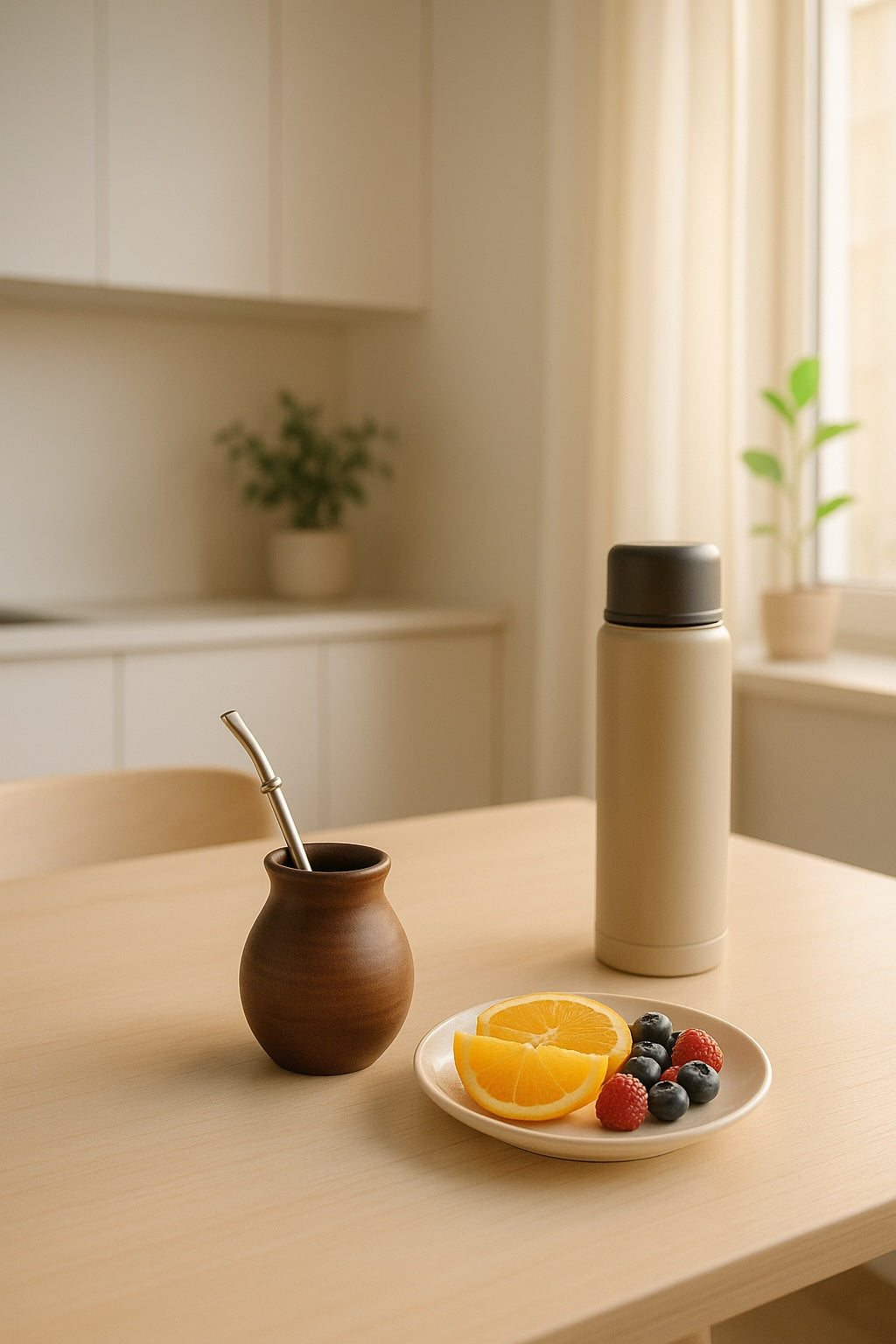 Cuisine moderne, calebasse posée sur la table, à proximité de fruits et d'un thermos