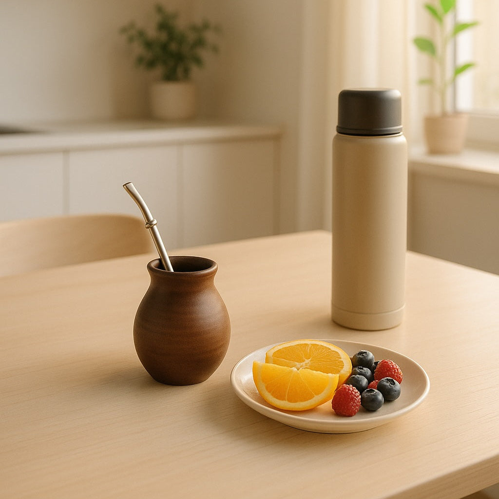 Cuisine moderne, calebasse posée sur la table, à proximité de fruits et d'un thermos