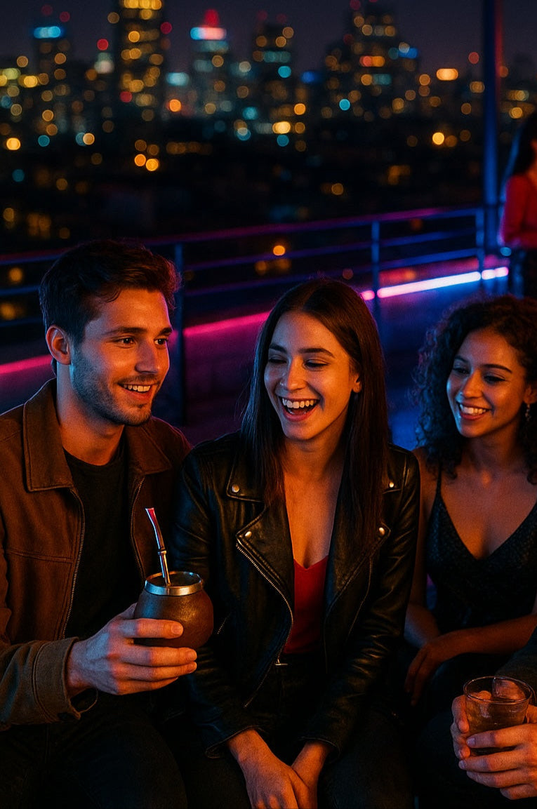 Amis en rooftop, assis, partageant du maté en calebasse