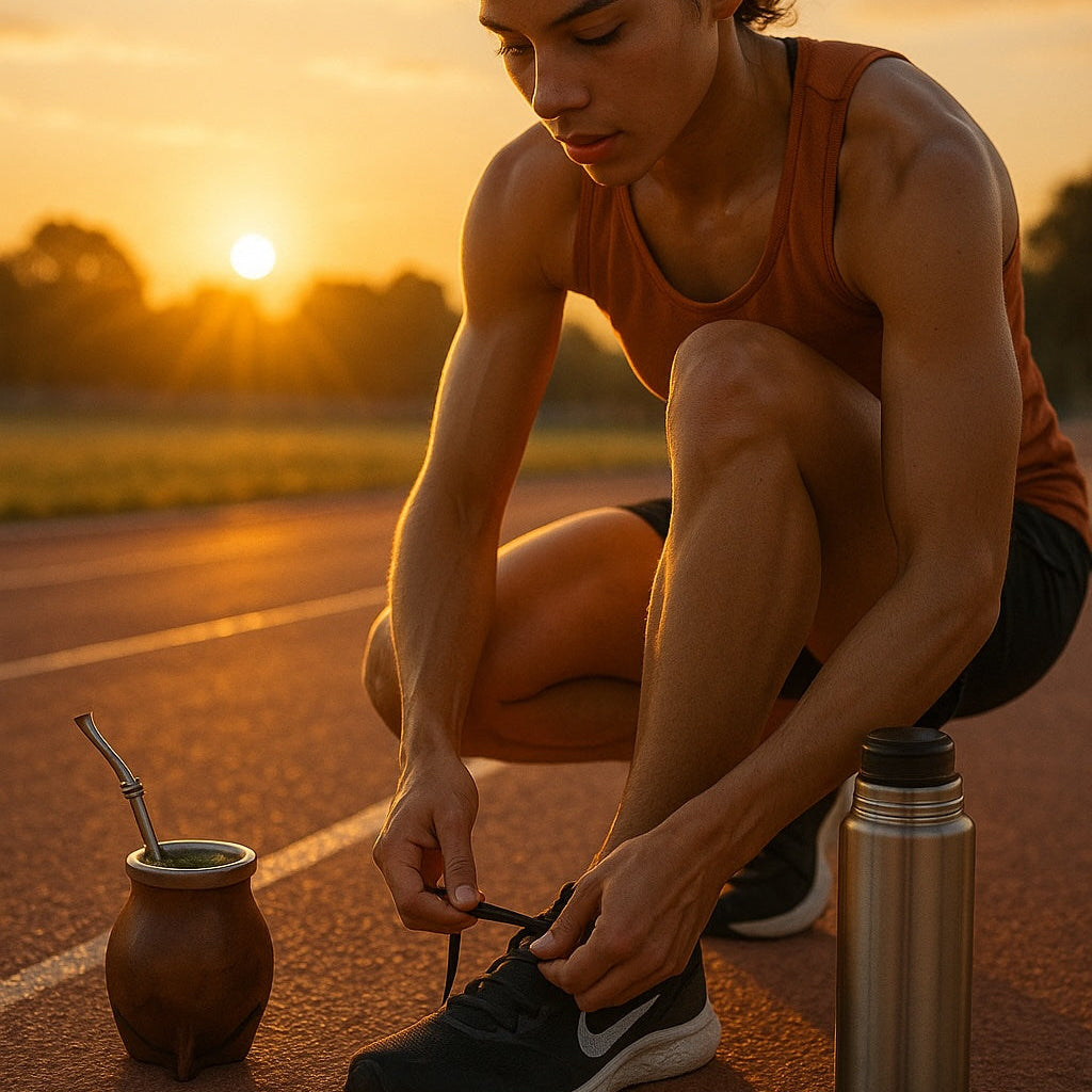 Athlète sur une piste d'athlétisme, laçant ses chaussures, avec une calebasse et un thermos à proximité